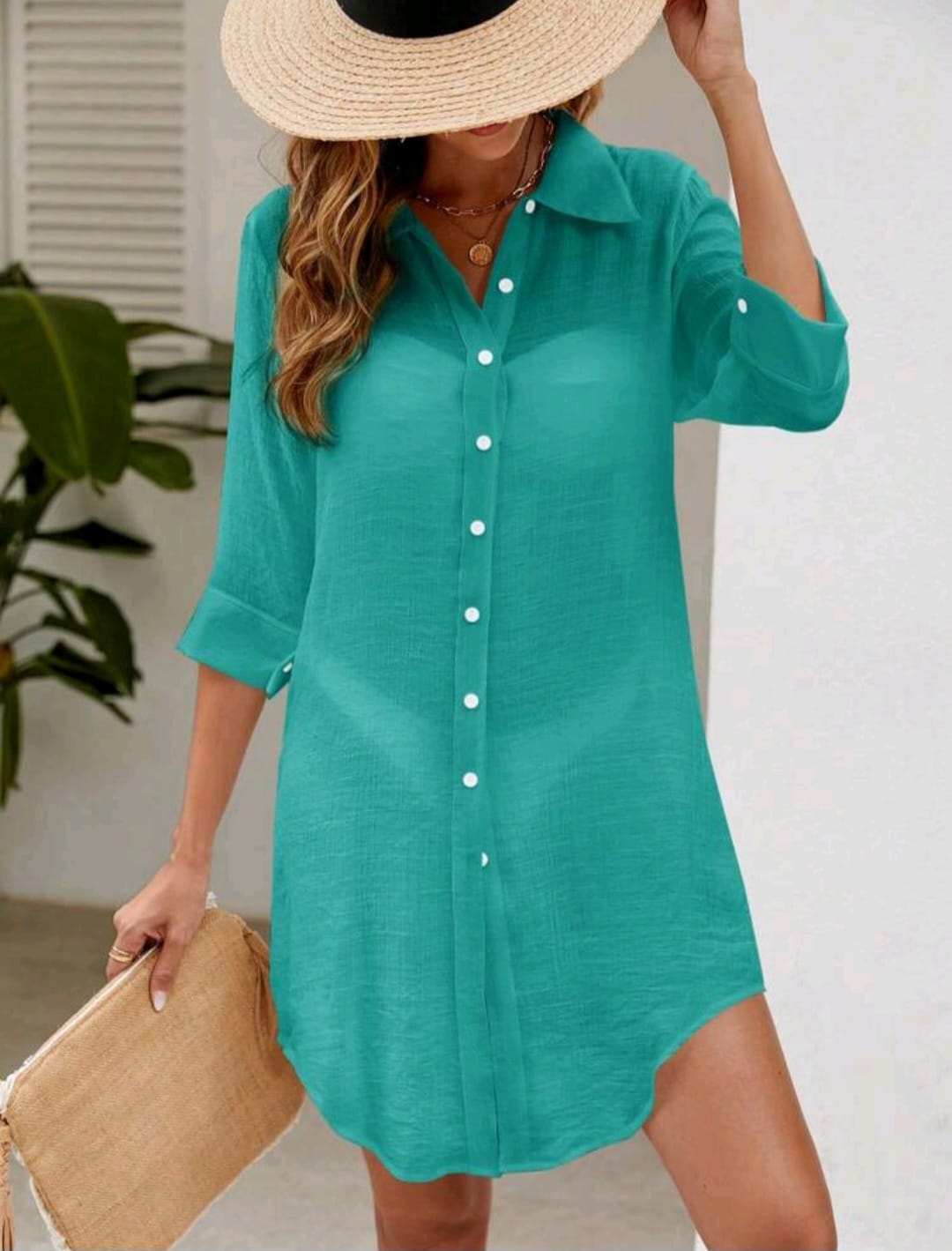 Green Button Down Shirt Dress – Casual Lightweight Summer Women Beach Cover Up
