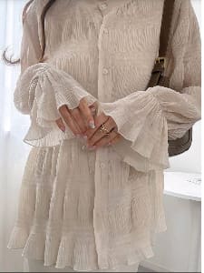 Women Pleated Ruffle Sleeve Shirt Dress – Elegant Button Front Casual Dress