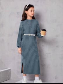 Girls Ribbed Knit Maxi Dress with Belt – Long Sleeve Casual Elegant Dress