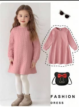 Girls Pink Cable Knit A-Line Dress – Soft Long Sleeve Casual Dress for Kids