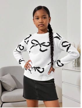 Girls’ White Bow Pattern Knit Sweater – Long Sleeve Soft Casual Winter Pullover
