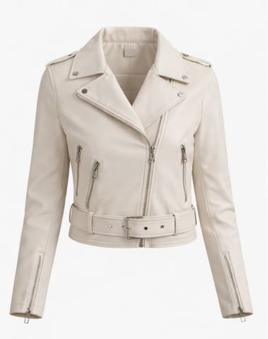 Women’s Cream Faux Leather Biker Jacket with Belt – Slim Fit Moto Jacket