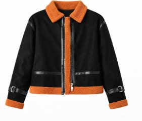 Girls Faux Leather Teddy Trim Jacket – Black & Camel Zip-Up Winter Coat – Warm Casual Outerwear