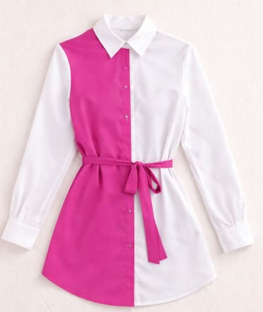 Pink & White Two Tone Tie Waist Blouse – Long Sleeve Button Front Shirt for Chic Daily Wear
