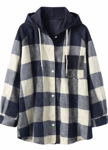 Plaid Hooded Button-Up Shirt Jacket for Women