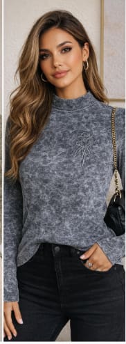 Women’s Acid Wash Embroidered Rose High Neck Top – Soft Stretch Casual Long Sleeve Tee
