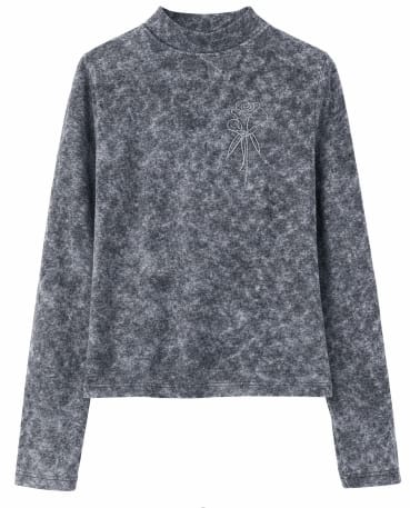 Women’s Acid Wash Embroidered Rose High Neck Top – Soft Stretch Casual Long Sleeve Tee
