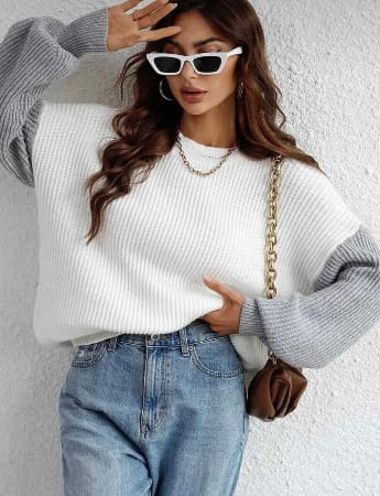 White & Grey Color Block Knit Sweater for Women – Casual Ribbed Long Sleeve Pullover