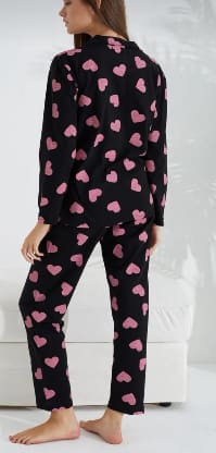 Black Heart Print Cotton Pajama Set for Women – Soft Button Down Sleepwear Set
