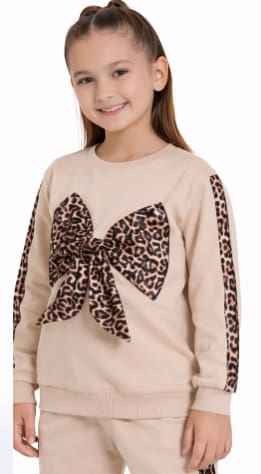 Girls 2-Piece Leopard Bow Tracksuit Set – Beige Long Sleeve Sweatshirt & Jogger Pants – Stylish Kids Outfit