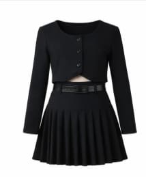 Girls Chic Black Pleated Skirt Set – Long Sleeve Cropped Top & Belted Mini Skirt Outfit