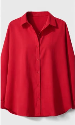Women’s Red Oversized Button Front Shirt – Casual Long Sleeve Loose Fit Blouse – Lightweight Everyday Layering Top
