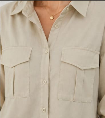 Women's Beige Button Front Utility Shirt – Long Sleeve Collared Pocket Blouse