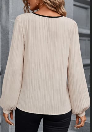 Women Pleated Blouse – Long Sleeve Elegant Top with Contrast Panel – Beige & Black Shirt