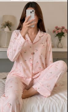 Women’s Pink Cherry Print Pajama Set – Button Front Long Sleeve Top & Matching Pants – Soft Homewear