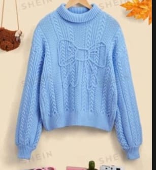 Women’s Blue Cable Knit Sweater with Bow Detail