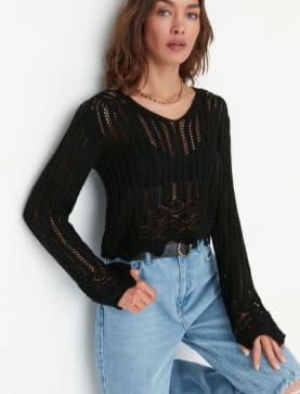 Women’s Black Open Knit Crochet Long Sleeve Top