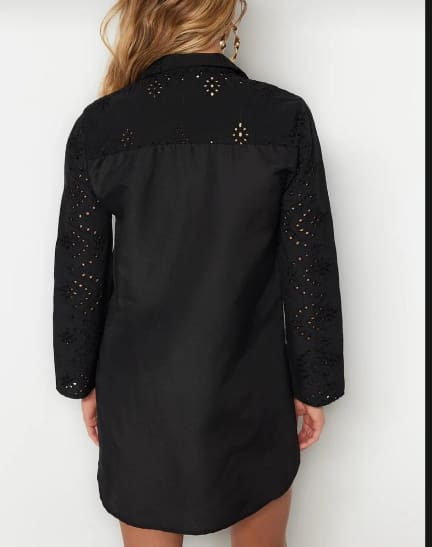 Women’s Black Eyelet Embroidered Shirt Dress – Long Sleeve Button Up Plus Size Tunic Dress