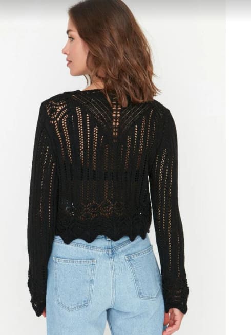 Women’s Black Crochet Knit Sweater – Long Sleeve Sheer Open Knit Pullover Top