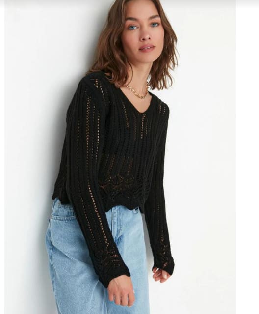 Women’s Black Crochet Knit Sweater – Long Sleeve Sheer Open Knit Pullover Top