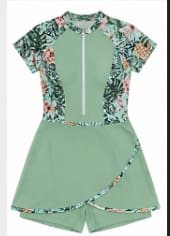 Mint Green Floral Zip-Front Modest Swimsuit Set – Short Sleeve Rash Guard with Skirted Shorts