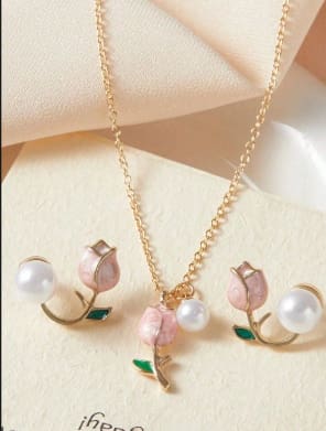 SHEIN Floral Pearl Jewelry Set – Pink Rose Necklace & Earrings, SHEIN Fast Delivery in 5 Days