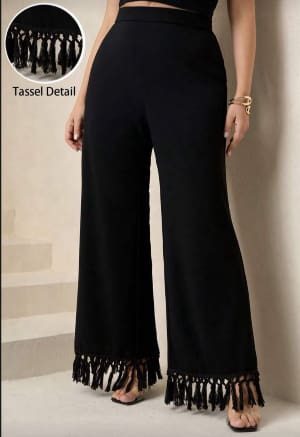 SHEIN Women’s Black Wide Leg Tassel Pants – High Waist Statement Pants, SHEIN Fast Delivery in 5 Days