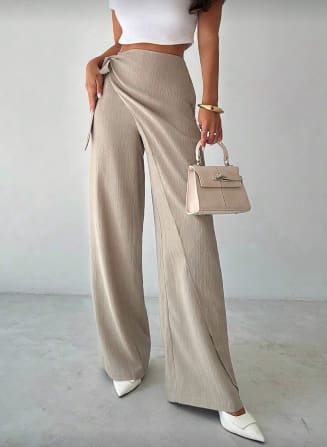SHEIN Women’s Beige Side Tie Wide Leg Pants – Textured Wrap Palazzo Pants, SHEIN Fast Delivery in 5 Days
