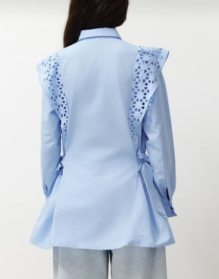 trendyol Women’s Light Blue Lace Detail Button-Up Shirt – Side Tie Elegant Blouse,