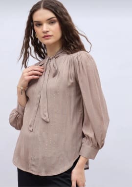 Taupe Bow Neck Blouse with Gold Stripe Detail – SHEIN Fast Delivery in 5 Days