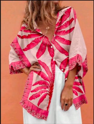 SHEIN Women’s Pink Tropical Print Shirt – Short Sleeve Button-Up Summer Blouse, SHEIN Fast Delivery in 5 Days