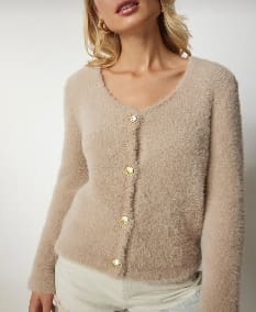 Women’s Beige Fuzzy Knit Button Cardigan – Soft Long Sleeve Elegant Cozy Sweater Top