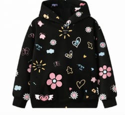 Girls Black Cartoon Print Hoodie – Cute Floral & Heart Long Sleeve Hooded Sweatshirt