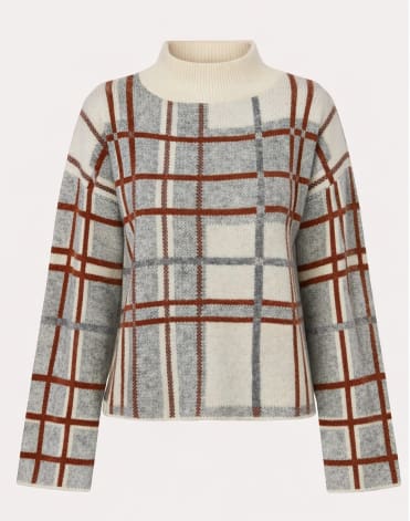 Plaid Mock Neck Knit Sweater โ Long Sleeve Casual Winter Pullover for Women