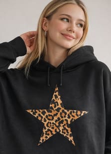 Black Oversized Star Print Hoodie – Leopard Star Casual Winter Sweatshirt for Women