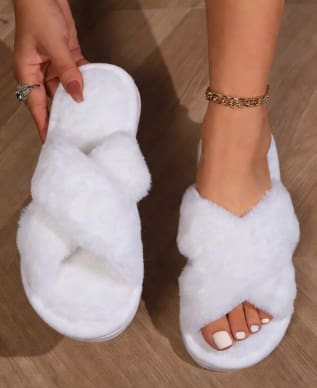 Women Fluffy Cross Slippers – Soft Fur Open Toe Slides – Cozy Home Sandals