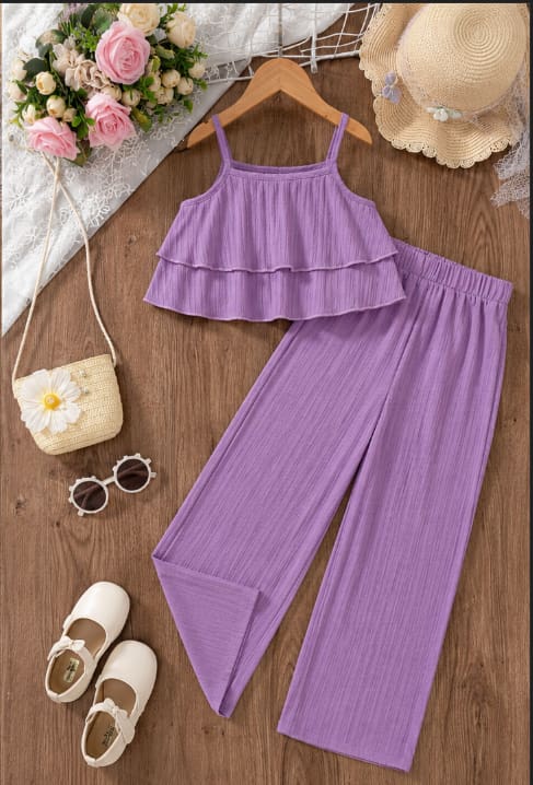 Girls 2-Piece Ruffle Cami Top and Wide Leg Pants Set – White & Purple Summer Outfit
