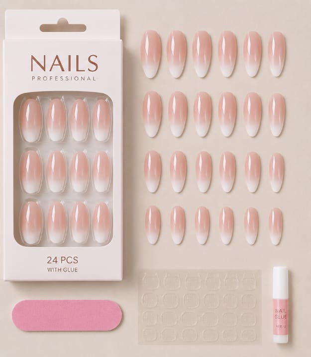 24-Piece Ombre French Press-On Nails – Nude White Almond Fake Nails – Glossy Elegant Manicure Set