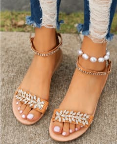 Women’s Camel Rhinestone Embellished Ankle Strap Flat Sandals