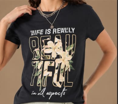 Womenโs Black Floral Quote Graphic Cotton T-Shirt, Casual Short Sleeve Top