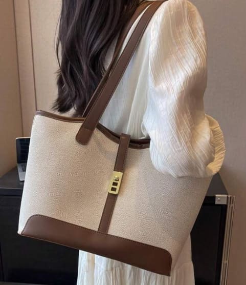SHEIN Women’s Beige Canvas Tote Bag – Brown Trim Shoulder Bag, SHEIN Fast Delivery in 5 Days