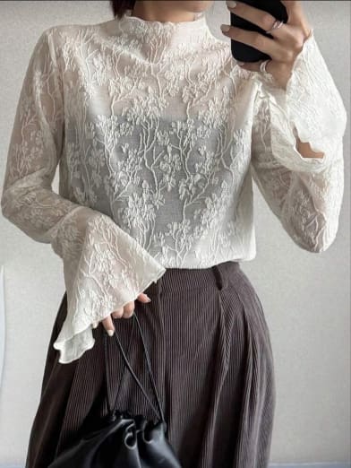 Beige Lace High Neck Flare Sleeve Blouse – SHEIN Fast Delivery in 5 Days