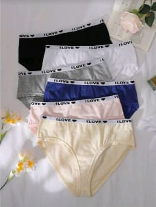 Women’s Cotton Bikini Briefs Set – 6 Pieces – “I Love” Elastic Waist