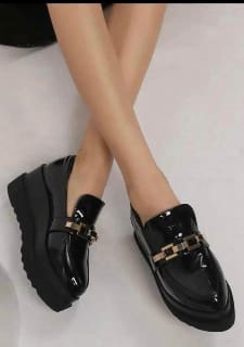Black Platform Loafers with Gold Detail – Women Chunky Sole Shoes