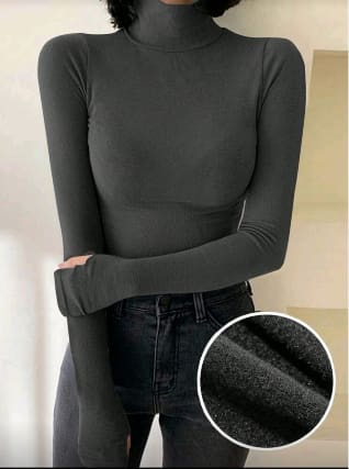 Women’s Thermal Turtleneck Top – Dark Grey Long Sleeve Winter Slim Fit Shirt