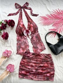 Women Floral Halter Mesh Two-Piece Set – Sheer Tie Top & Ruched Mini Skirt