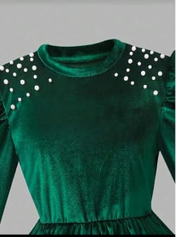 Emerald Velvet Puff Sleeve Dress – Rhinestone Detail – Flared Skater Style