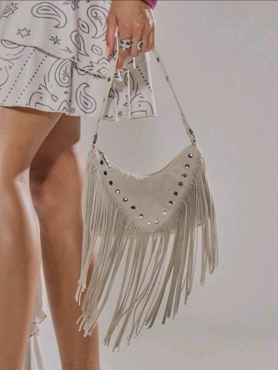 Women’s White Fringe Shoulder Bag – Studded Faux Leather Western Crossbody Bag