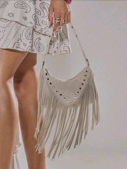 Women’s White Fringe Shoulder Bag – Studded Faux Leather Western Crossbody Bag