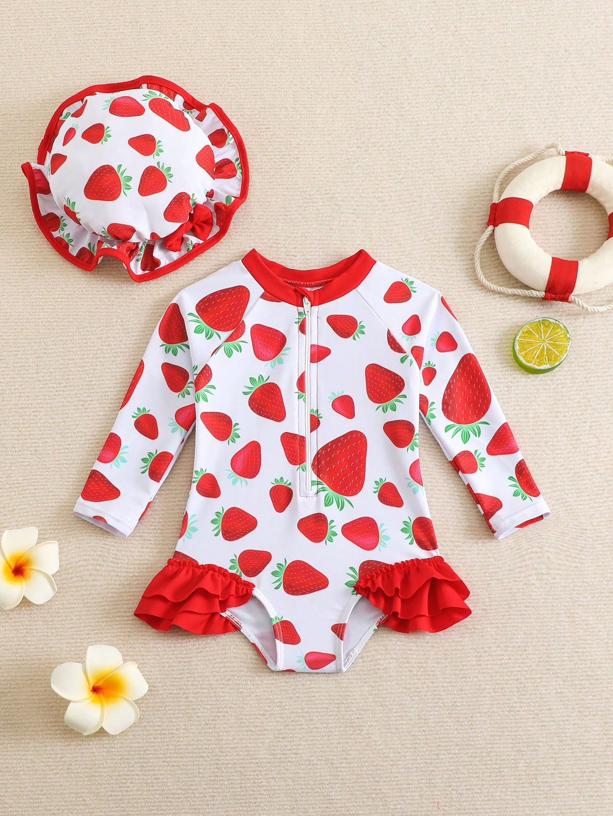 Baby White Strawberry Long Sleeve Swimsuit Set with Hat – SHEIN Fast Delivery in 5 Days